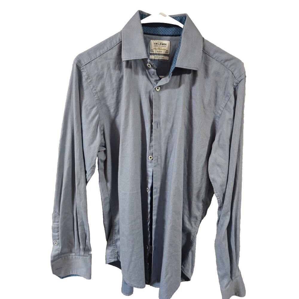 TM Lewin, Mens Long Sleeve Button-up Dress Shirt, Blue Micro-Check M Slim fit
